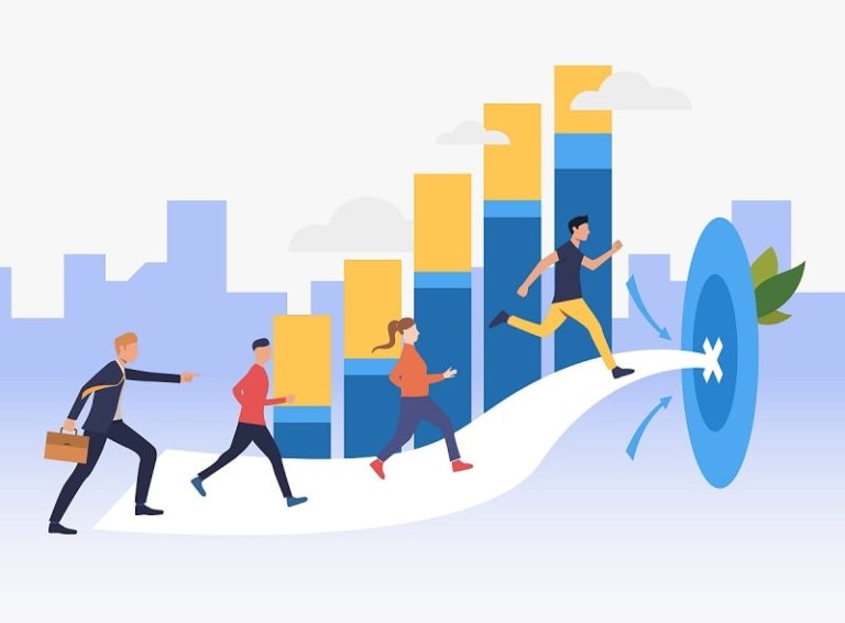 Cartoon people running towards retargeting ads
