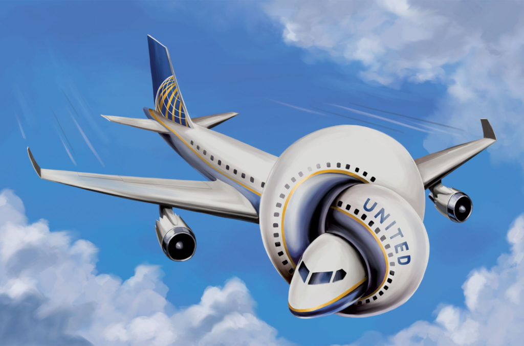 Cartoony graphic of an airplane in a knot