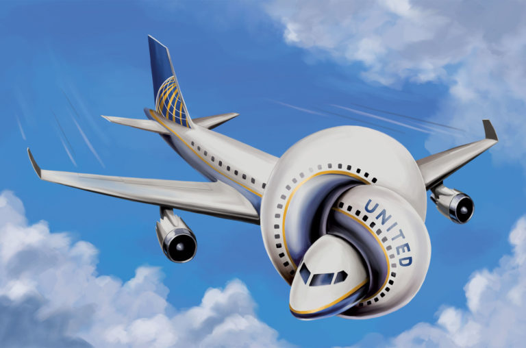 Cartoony graphic of an airplane in a knot