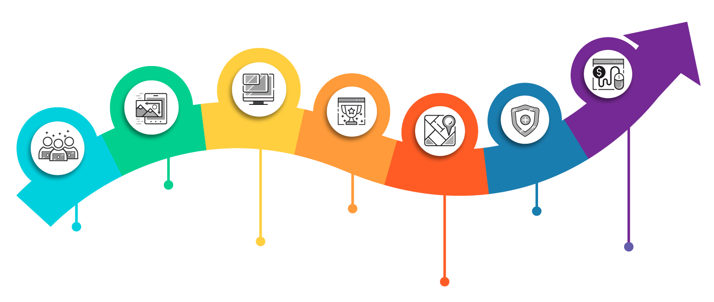 Multi-colored arrow with multiple icons attached to it