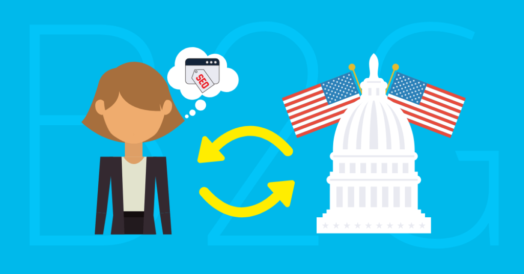 Woman thinking of SEO next to American Flags