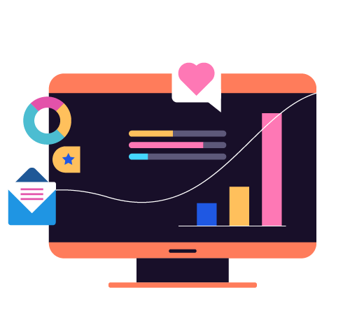Computer Graphic with charts, progress bars