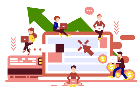 Cartoony Graphic of People Sitting on a Laptop