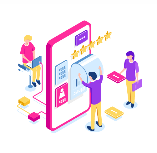 Graphic with stars, a phone, and people working