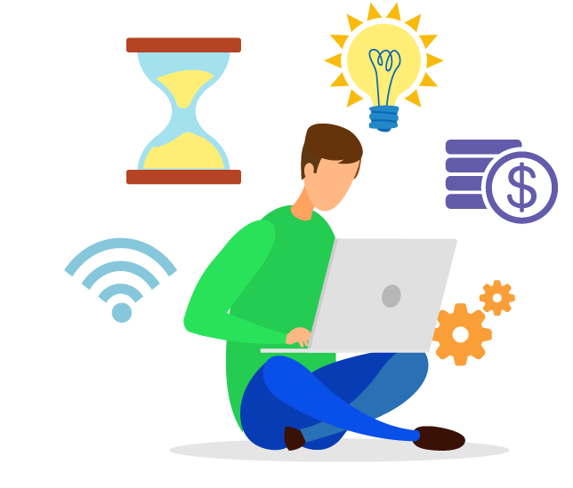 Person working on laptop with light bulb above head