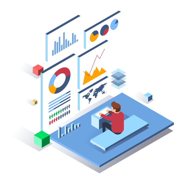 Person sitting in front of pie charts and graphs