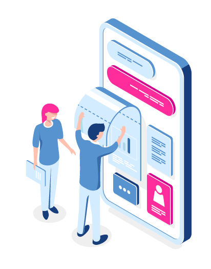 Graphic showing two people analyzing a device